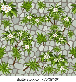 Tropical pattern with leaves and flowers for abstract background and textures. Seamless pattern, vector illustration