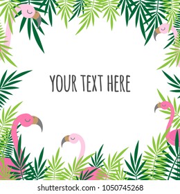 tropical pattern leaves green and pink flamingo summer frame text card banner square background