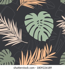 Tropical pattern with leaves. Laid wallpaper with moldings of palm trees. A heavenly place. Tropical leaves on background