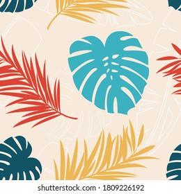 Tropical pattern with leaves. Laid wallpaper with moldings of palm trees. A heavenly place. Tropical leaves on background