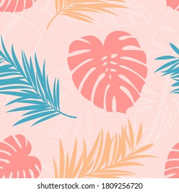 Tropical pattern with leaves. Laid wallpaper with moldings of palm trees. A heavenly place. Tropical leaves on background