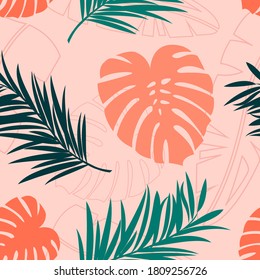 Tropical pattern with leaves. Laid wallpaper with moldings of palm trees. A heavenly place. Tropical leaves on background