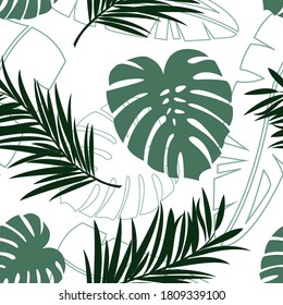 Tropical pattern with leaves. Laid wallpaper with moldings of palm trees. A heavenly place. Tropical leaves on background