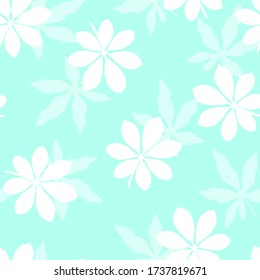 Tropical pattern with leaves on blue background. Vector illustration of summer. Monochrome seamless exotic wallpaper. For web, banners, scrapbooking, printing on fabric, wrapping paper, packaging.