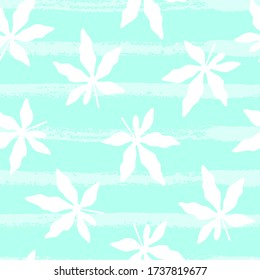 Tropical pattern with leaves on blue background. Vector illustration of summer. Seamless exotic wallpaper with hand drawn lines. For web design, banners, printing on fabric, wrapping paper, packaging.