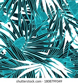 Tropical pattern with leaves. Seamless texture with banana and palm tree leaf. Background for the travel and tourism industry, summer print.  Hand draw modern trendy backdrop for the internet. 