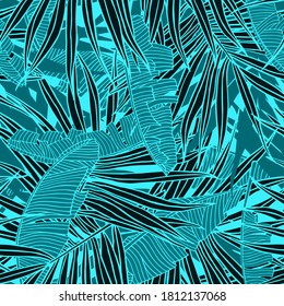 Tropical pattern with leaves. Seamless texture with banana and palm tree leaf. Banner for the travel and tourism industry, summer print. Blue design element.