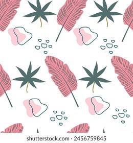 Tropical pattern of leaves and simple geometric shapes. Seamless vector pattern with exotic leaves in pastel colors. Background summer design for textiles.