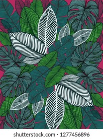 Tropical pattern with leaves. Summer print. Pencil hand drawn illustration.