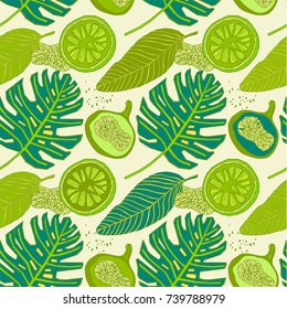 Tropical pattern lemon and palm leaves.