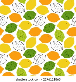 Tropical pattern with lemons, limes, oranges. Vector fruits background, eco cute texture