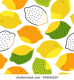 Tropical pattern with lemons, limes, oranges. Vector fruits background, eco natural texture