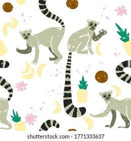 Tropical pattern. Lemur in the jungle. Cute childish illustration with lemur. Vector illustration with lemur, coconuts, bananas, flowers and pineapples. For backgrounds, packaging, textile and various