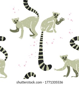 Tropical pattern. Lemur in the jungle. Cute childish illustration with lemur. Vector illustration. For backgrounds, packaging, textile and various other designs.