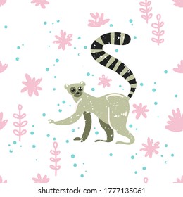 Tropical pattern. Lemur in the jungle. Cute childish illustration with lemur. Vector illustration with lemur and flowers 