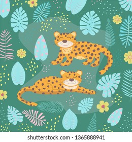 Tropical pattern with leopards and palm leaves. African motifs.