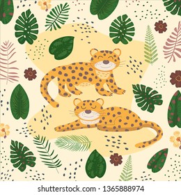 Tropical pattern with leopards and palm leaves. African motifs.