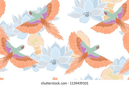 Tropical pattern of lotus flowers with exotic orange parrots. Vintage vector botanical illustration. Seamless background, texture, wrapper pattern, frame or border. Digital nature art.