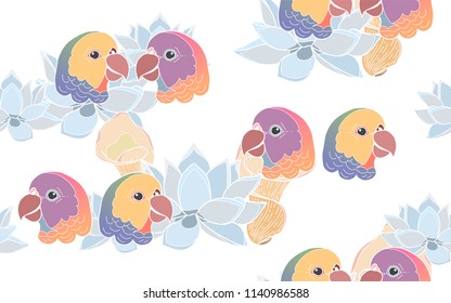 Tropical pattern of lotus flowers with exotic parrots. Vintage vector botanical illustration. Seamless background, texture, wrapper pattern, frame or border. Digital nature art.