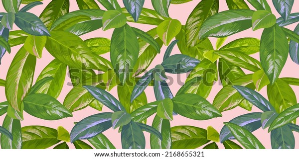 Tropical pattern with madder family leaves.\
The Rubiaceae plant on pink\
background