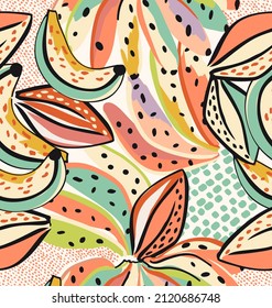 Tropical pattern made with bananas and cocoa beans, with fun and colorful background, perfect for textiles and decoration