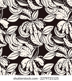 Tropical pattern made with bananas and cocoa beans, with fun and colorful background, perfect for textiles and decoration