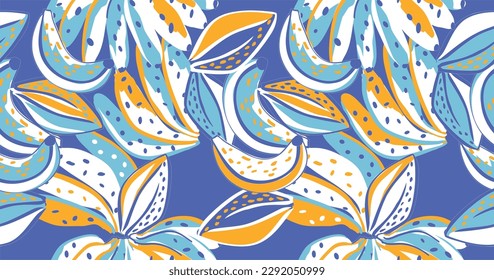 Tropical pattern made with bananas and cocoa beans, with colorful background, perfect for textiles and decoration