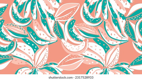 Tropical pattern made with bananas and cocoa beans, with fun and colorful background, perfect for textiles and decoration