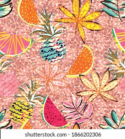 Tropical pattern made with fruits and leaves, with fun and colorful background