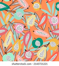 Tropical pattern made with fruits and leaves, with fun and colorful background perfect for fabrics and decoration
