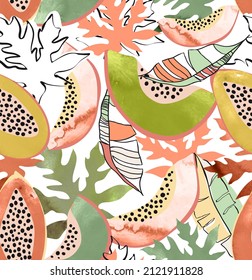 Tropical pattern made with papaya fruits and papaya leaves, with fun and colorful background perfect for fabrics and decoration