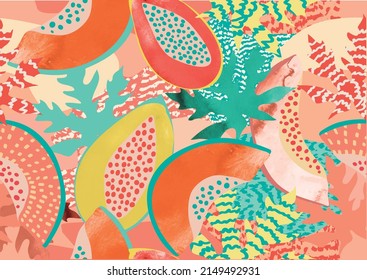 Tropical pattern made with papaya fruits and leaves, with fun and colorful background perfect for fabrics and decoration