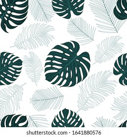 Tropical pattern with monster leaves and palm leaves in green colour on white background.