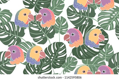 Tropical pattern of monstera deliciosa leaves with exotic parrots. Vintage vector botanical illustration. Seamless background, texture, wrapper pattern, frame or border. Digital nature art.