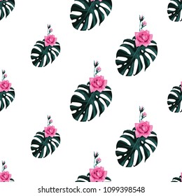 Tropical pattern with monstera and flower. Vintage square watercolor print with green tropic leaves and pink rose flowers. Summer seamless pattern background with floral elements on white backdrop.