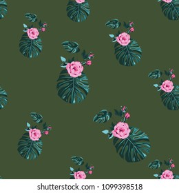 Tropical pattern with monstera and flowers. Vintage square watercolor print with tropic leaves. Summer seamless pattern background with floral elements on green backdrop.