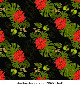 Tropical pattern with monstera leaves and Christmas red bow. Vector watercolor seamless background. Decoration on black backdrop. Hand drawn illustration.