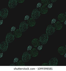 Tropical pattern with monstera leaves. Endless background with contour stroke tropic leaves. Summer seamless pattern with floral elements on black backdrop.