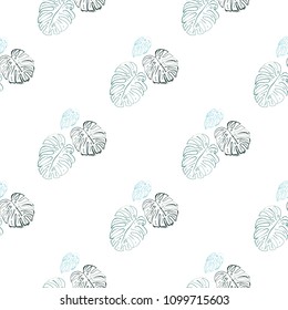 Tropical pattern with monstera leaves. Endless background with contour stroke tropic leaves. Summer seamless pattern with floral elements on white backdrop.
