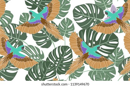 Tropical pattern of monstera leaves with exotic golden parrots. Vintage vector botanical illustration. Seamless background, texture, wrapper pattern, frame or border. Digital nature art.