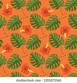 Tropical pattern with monstera leaves and gibiscus flover on a orange color background.Exotic endless texture