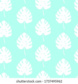 Tropical pattern with monstera leaves on blue background. Vector illustration of summer. Seamless exotic wallpaper. For web design, banners, scrapbooking, printing on fabric, wrapping paper, bed linen