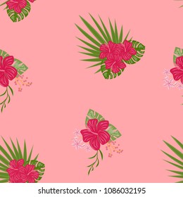 A tropical pattern with monstera leaves and palm leaves. Pattern with flowers of hibiscus and plumeria.