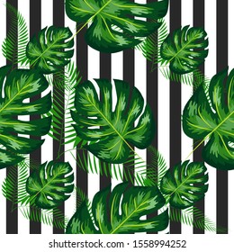 Tropical Pattern with Monstera Leaves. Summer Design for Swimwear.