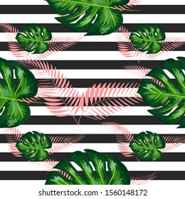 Tropical Pattern with Monstera Leaves. Summer Design for Swimwear.