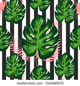Tropical Pattern with Monstera Leaves. Summer Design for Swimwear.