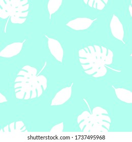 Tropical pattern with monstera leaves. Vector illustration of summer. Seamless exotic wallpaper on blue background. For web design, banners, scrapbooking, printing on fabric, wrapping paper, packaging