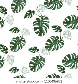 Tropical pattern with monstera leaves. Vintage square watercolor print with tropic leaves. Summer seamless pattern background with floral elements on white backdrop.