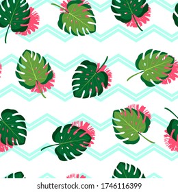 Tropical pattern with monstera leaves and zigzag lines on white background. Vector illustration of summer with flowers. Seamless exotic wallpaper. For web, banners, printing on fabric, wrapping.
