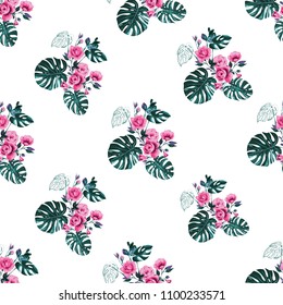 Tropical pattern with monstera and roses. Vintage square watercolor print with tropic leaves. Summer seamless pattern background with floral elements on white backdrop.